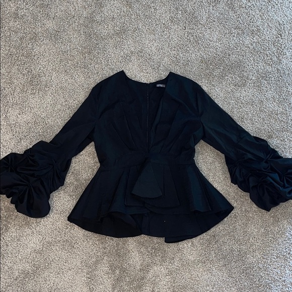 Black Blouse with Puff Sleeves and Hem Design - Picture 1 of 5